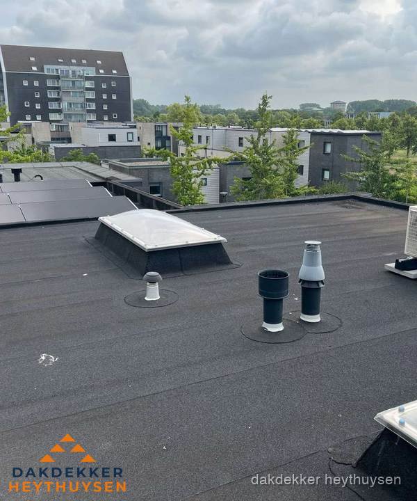 Groot plat dak met lichtkoepel en dakdoorvoeren in Heythuysen