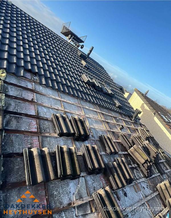 Schuin dak renovatie met nieuwe dakpannen in Heythuysen