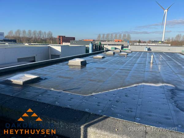 Plat dak bedrijfspand met bitumen dakbedekking en lichtkoepels in Heythuysen Plat dak bedrijfspand met bitumen dakbedekking en lichtkoepels in Heythuysen